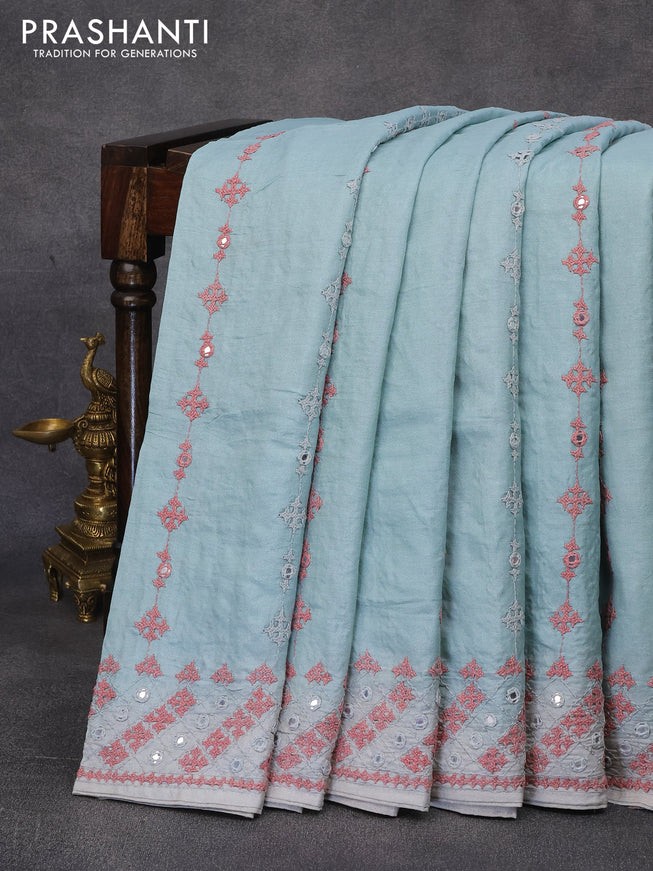Pure tussar silk saree pastel blue shade with allover embroidery & mirror work and embroidery work border