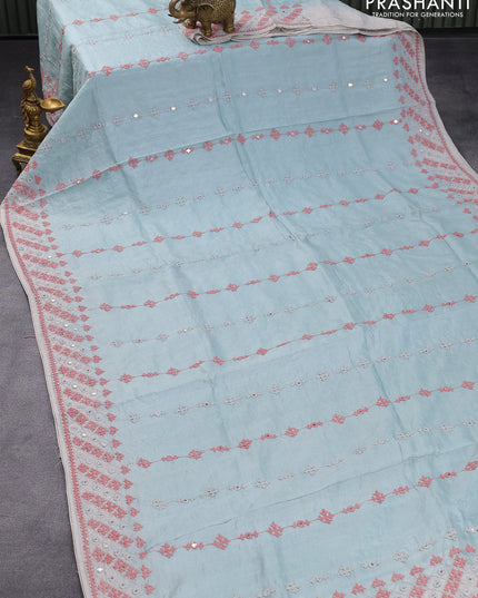 Pure tussar silk saree pastel blue shade with allover embroidery & mirror work and embroidery work border