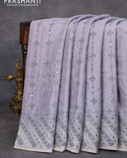 Pure tussar silk saree grey shade with allover embroidery & mirror work and embroidery work border