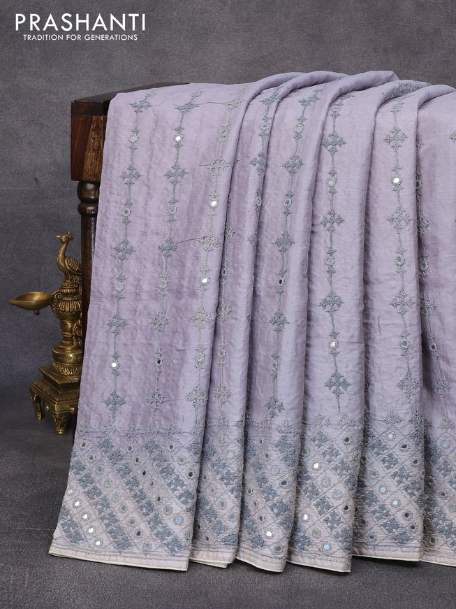 Pure tussar silk saree grey shade with allover embroidery & mirror work and embroidery work border