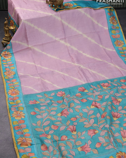 Pure tussar silk saree mild purple and teal blue with tie & dye prints and kalamkari printed border