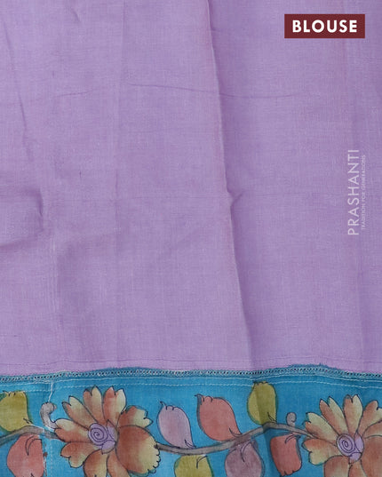 Pure tussar silk saree mild purple and teal blue with tie & dye prints and kalamkari printed border