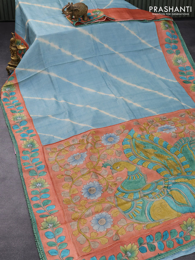 Pure tussar silk saree pastel blue shade and peach orange with tie & dye prints and kalamkari printed border