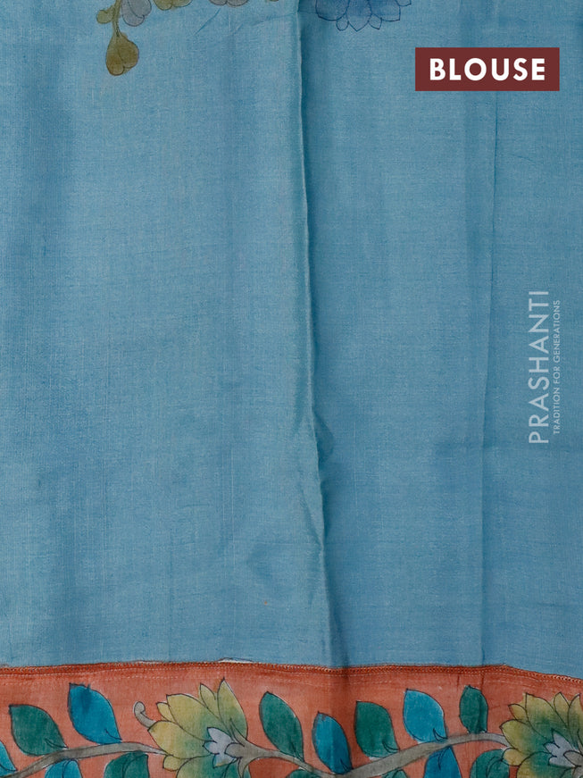 Pure tussar silk saree pastel blue shade and peach orange with tie & dye prints and kalamkari printed border