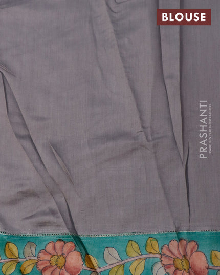Pure tussar silk saree grey shade and teal green with allover mirror work and kalamkari printed border