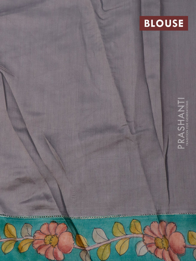 Pure tussar silk saree grey shade and teal green with allover mirror work and kalamkari printed border
