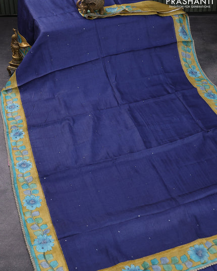 Pure tussar silk saree blue shade and yellow shade with allover mirror work and kalamkari printed border