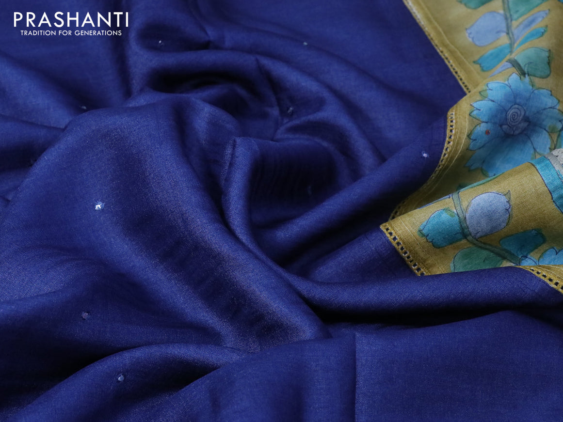 Pure tussar silk saree blue shade and yellow shade with allover mirror work and kalamkari printed border