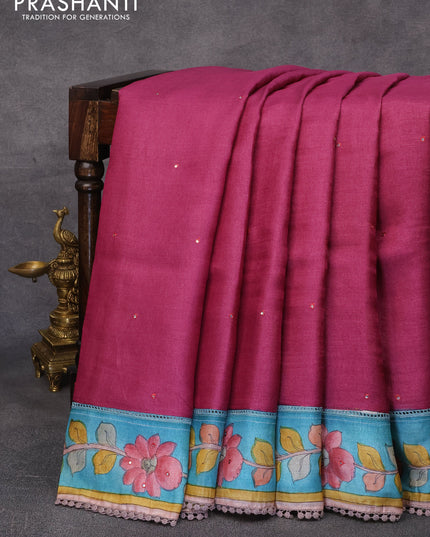 Pure tussar silk saree magenta pink and blue shade with allover mirror work and kalamkari printed border