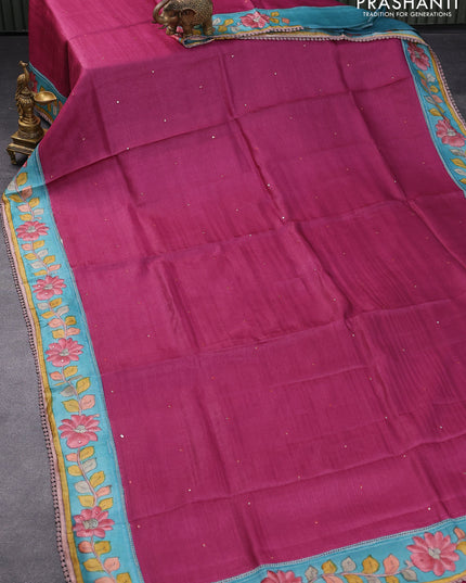 Pure tussar silk saree magenta pink and blue shade with allover mirror work and kalamkari printed border