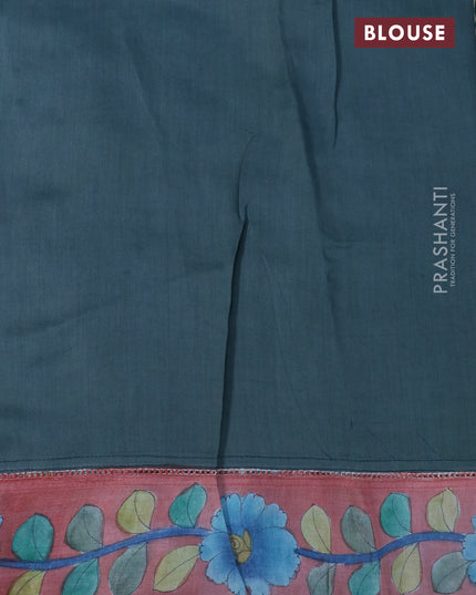 Pure tussar silk saree dark green and peach orange with allover mirror work and kalamkari printed border