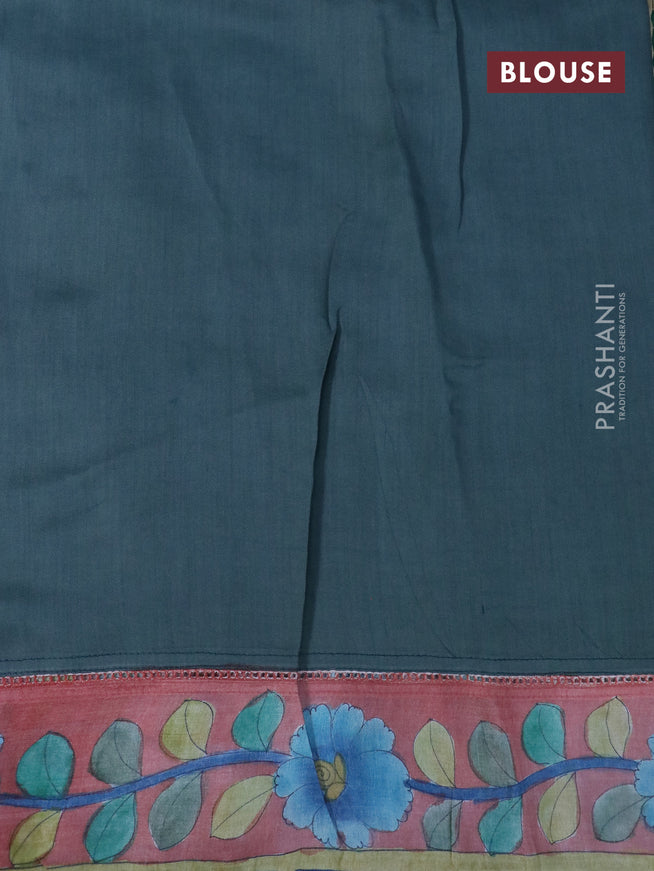 Pure tussar silk saree dark green and peach orange with allover mirror work and kalamkari printed border