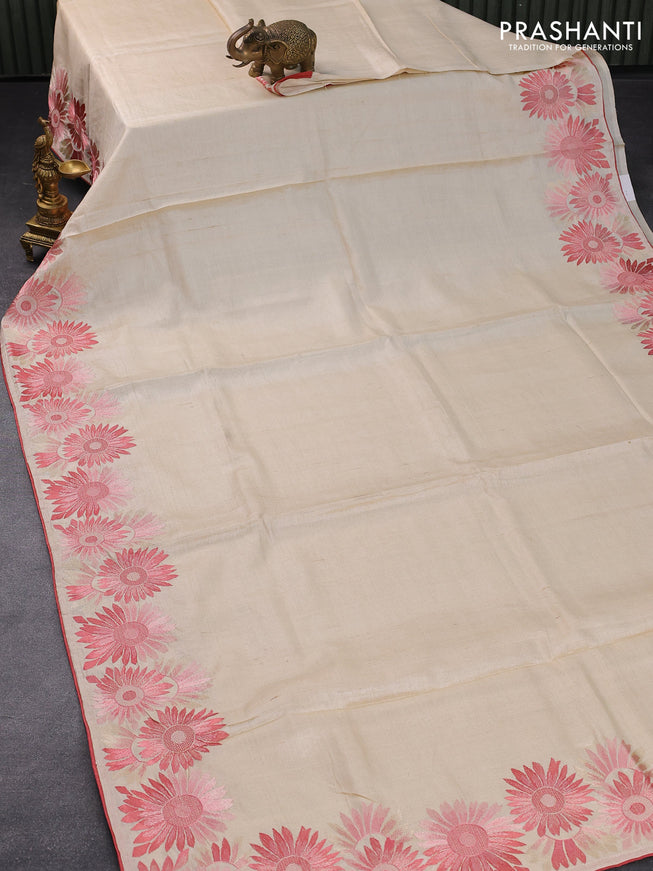 Pure tussar silk saree cream and red with plain body and floral design embroidery work border