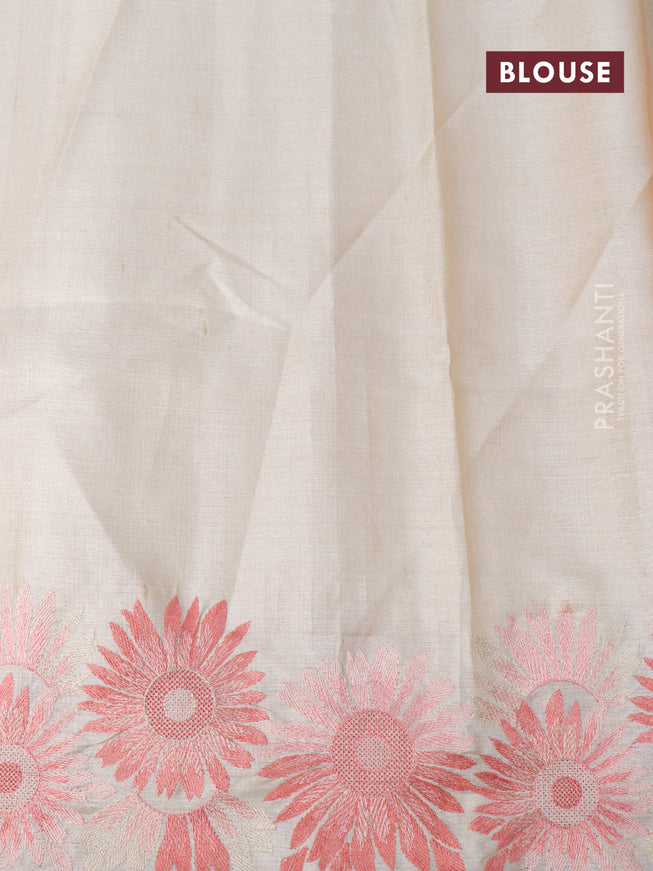 Pure tussar silk saree cream and red with plain body and floral design embroidery work border