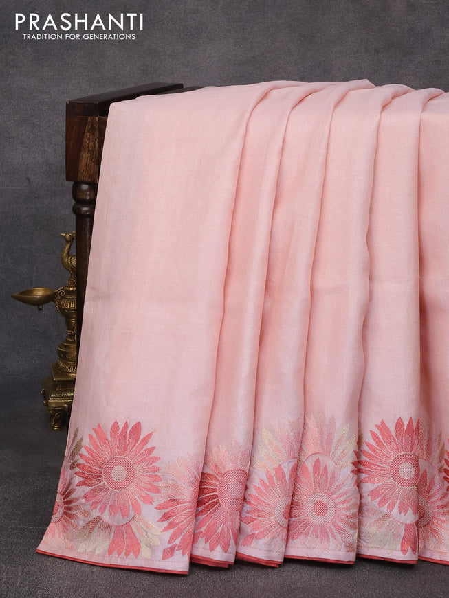 Pure tussar silk saree peach pink with plain body and floral design embroidery work border