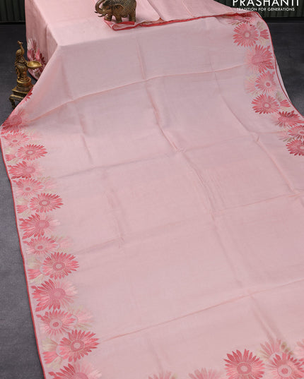 Pure tussar silk saree peach pink with plain body and floral design embroidery work border