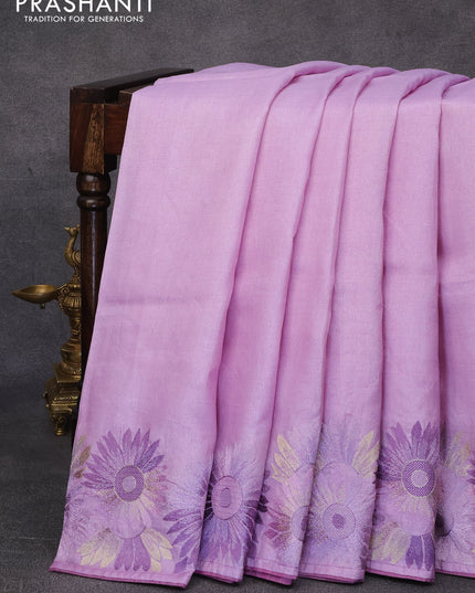 Pure tussar silk saree lavender shade with plain body and floral design embroidery work border