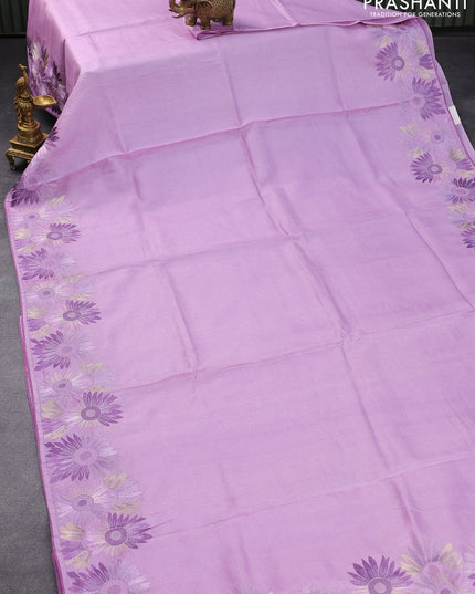 Pure tussar silk saree lavender shade with plain body and floral design embroidery work border