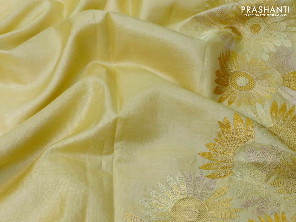 Pure tussar silk saree pale yellow with plain body and floral design embroidery work border