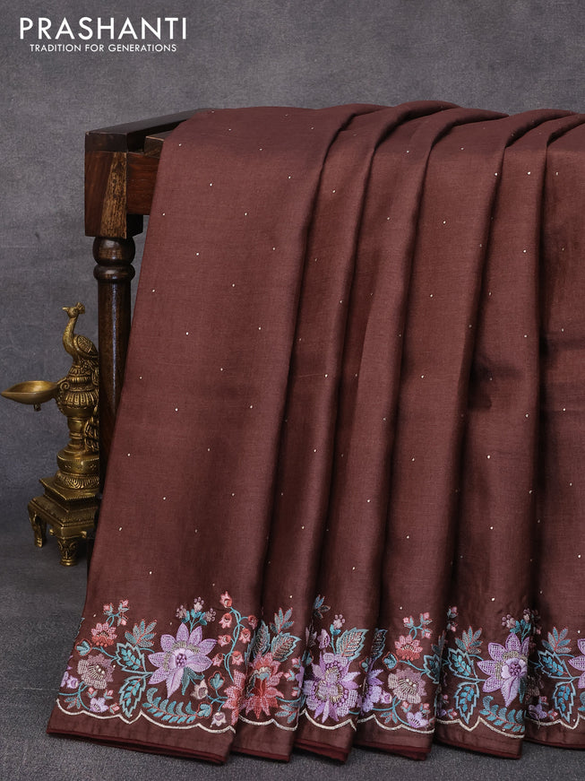 Pure tussar silk saree brown with allover zari buttas and floral design embroidery work border