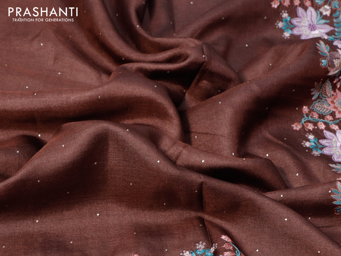 Pure tussar silk saree brown with allover zari buttas and floral design embroidery work border