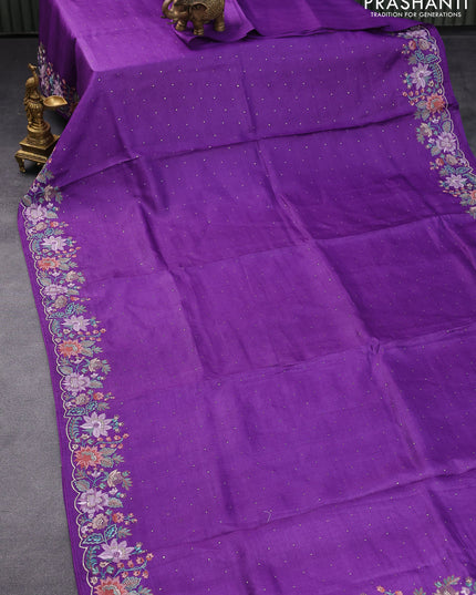 Pure tussar silk saree violet with allover zari buttas and floral design embroidery work border