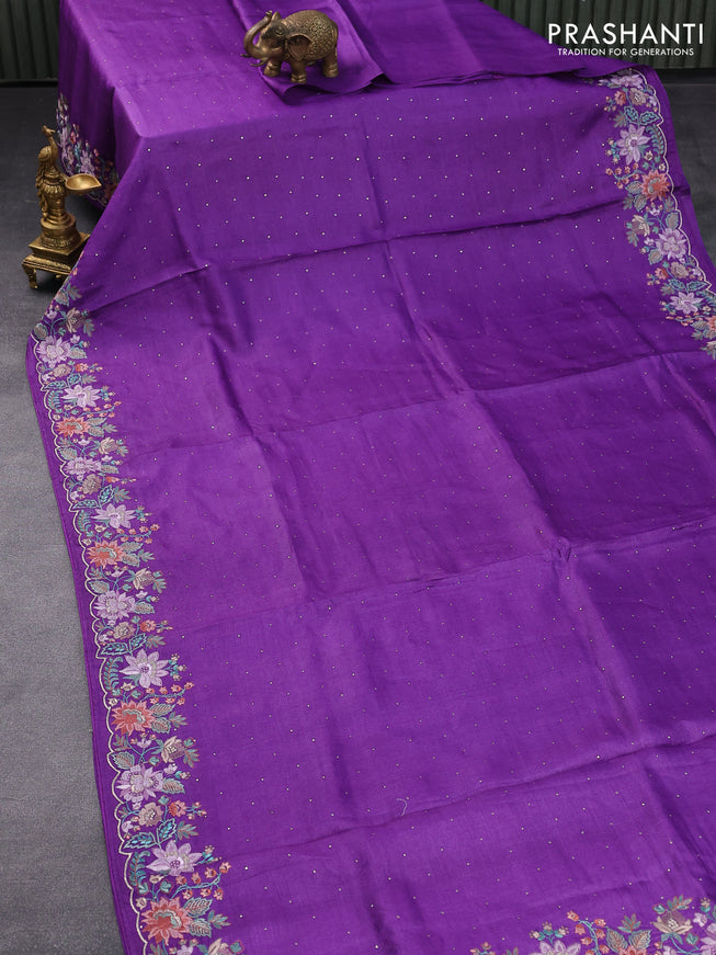Pure tussar silk saree violet with allover zari buttas and floral design embroidery work border