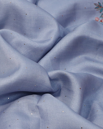 Pure tussar silk saree pastel bluish grey with allover zari buttas and floral design embroidery work border