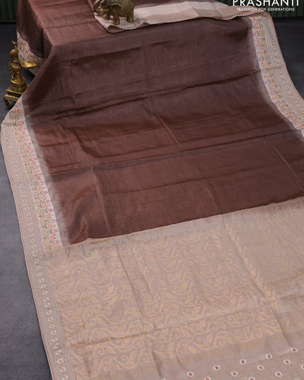 Pure tussar silk saree brown and beige with plain body and floral embroidery work border