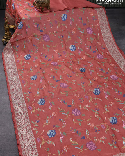 Pure tussar silk saree rust shade with allover floral design embroidery work weaves and zari woven border