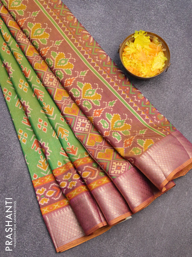 Semi tussar saree dual shade of greenish yellow and dual shade of purple with allover ikat butta weaves and zari woven ikat border
