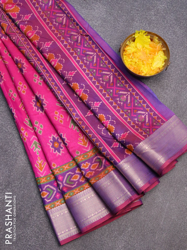 Semi tussar saree pink and dual shade of maroonish violet with allover ikat butta weaves and zari woven ikat border