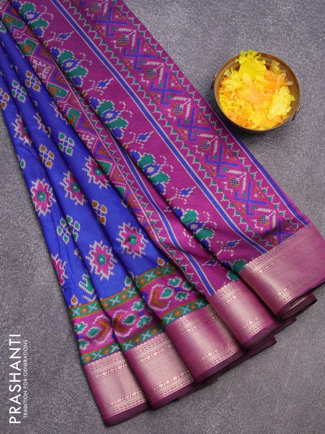 Semi tussar saree blue and purple with allover ikat butta weaves and zari woven ikat border