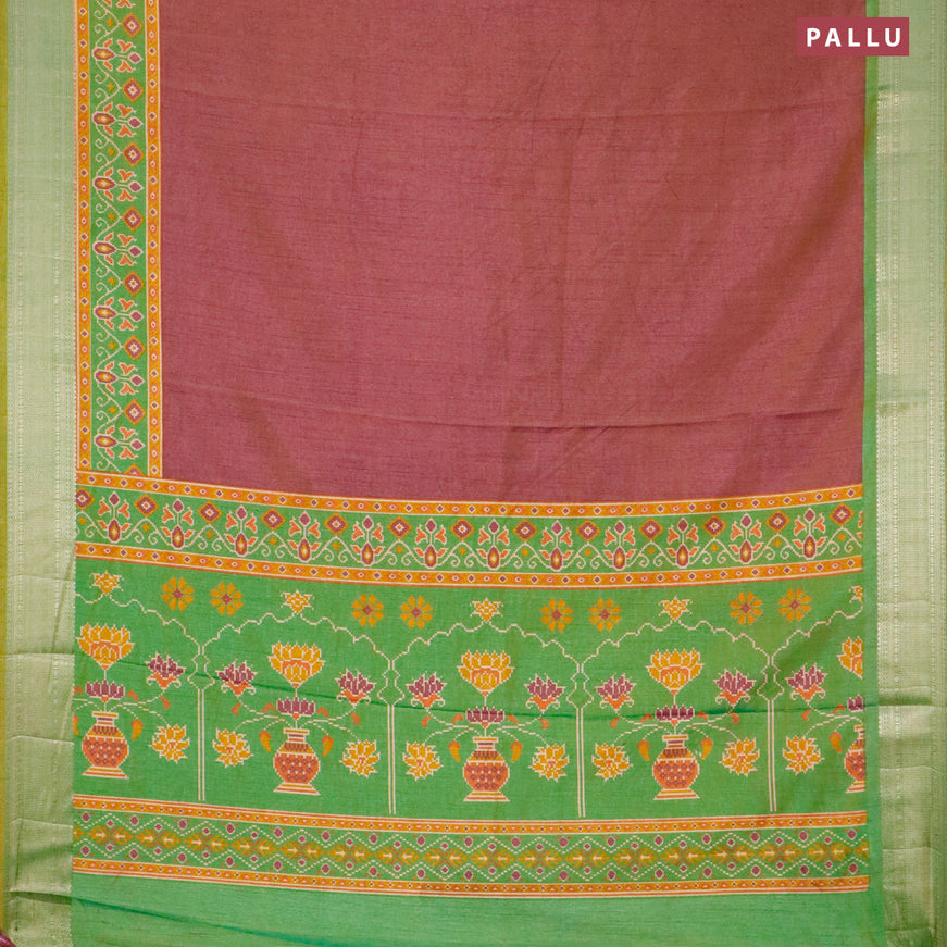 Semi tussar saree dual shade of mustard yellowish violet and green with plain body and zari woven border