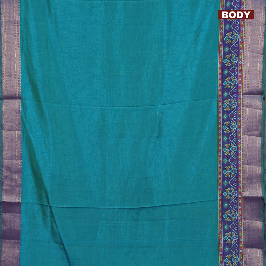Semi tussar saree dual shade of teal bluish green and dual shade of violet with plain body and zari woven border