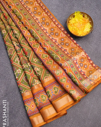 Semi tussar saree mehendi green and mustard yellow with allover patola prints and ikat woven zari border