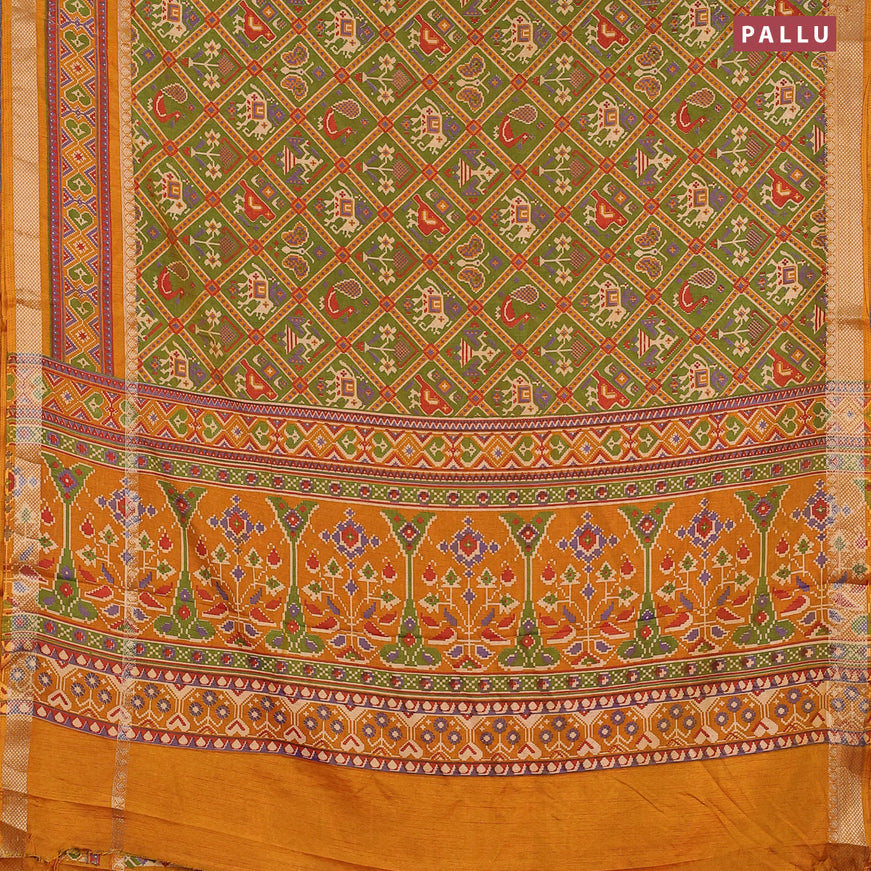 Semi tussar saree mehendi green and mustard yellow with allover patola prints and ikat woven zari border