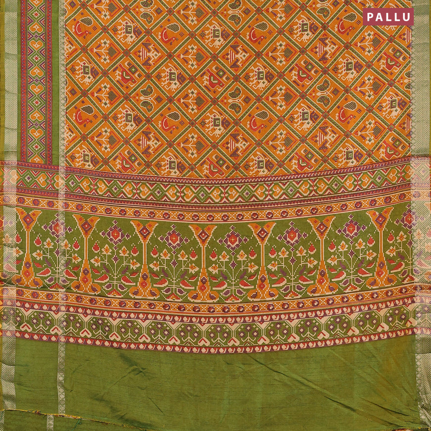 Semi tussar saree mustard and dual shade of mustard green with allover patola prints and ikat woven zari border