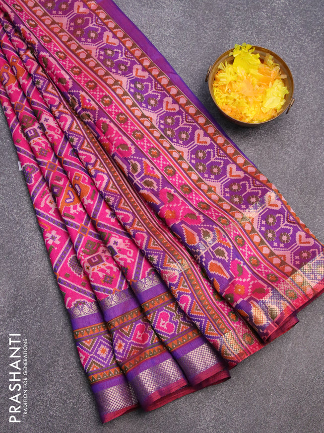 Semi tussar saree pink and dual shade of purple with allover patola prints and ikat woven zari border