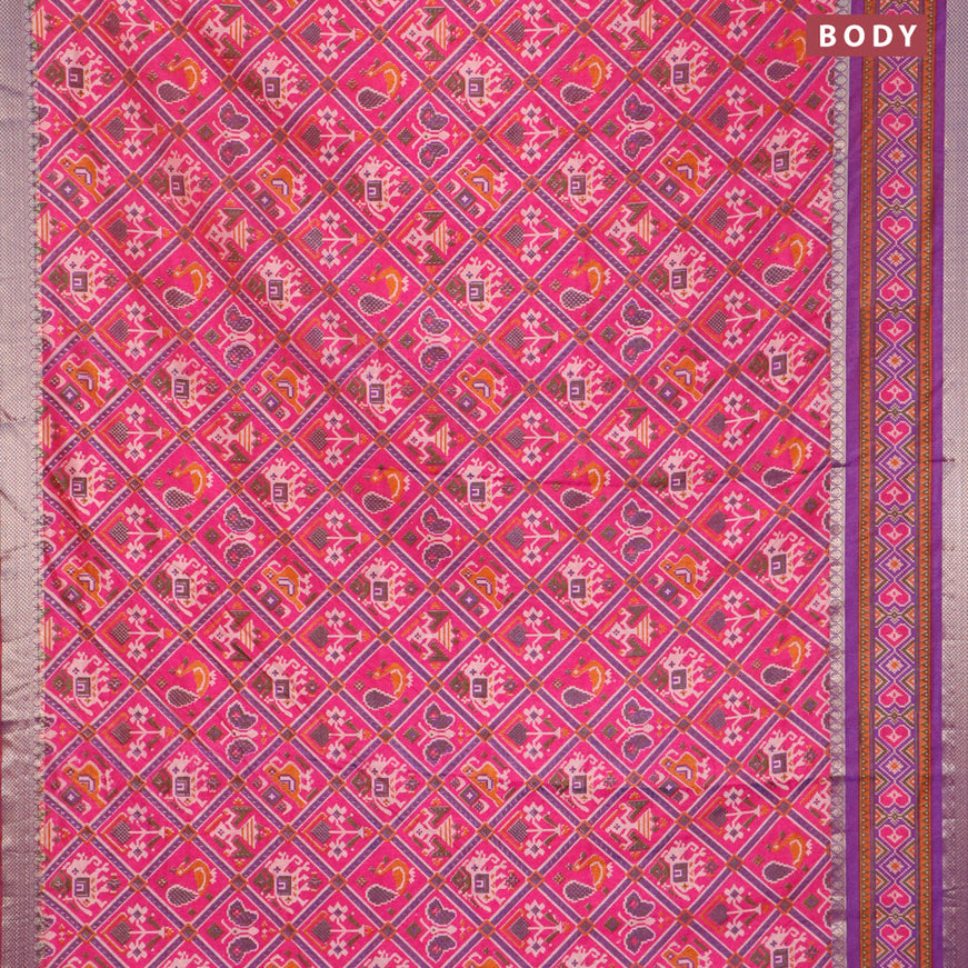 Semi tussar saree pink and dual shade of purple with allover patola prints and ikat woven zari border