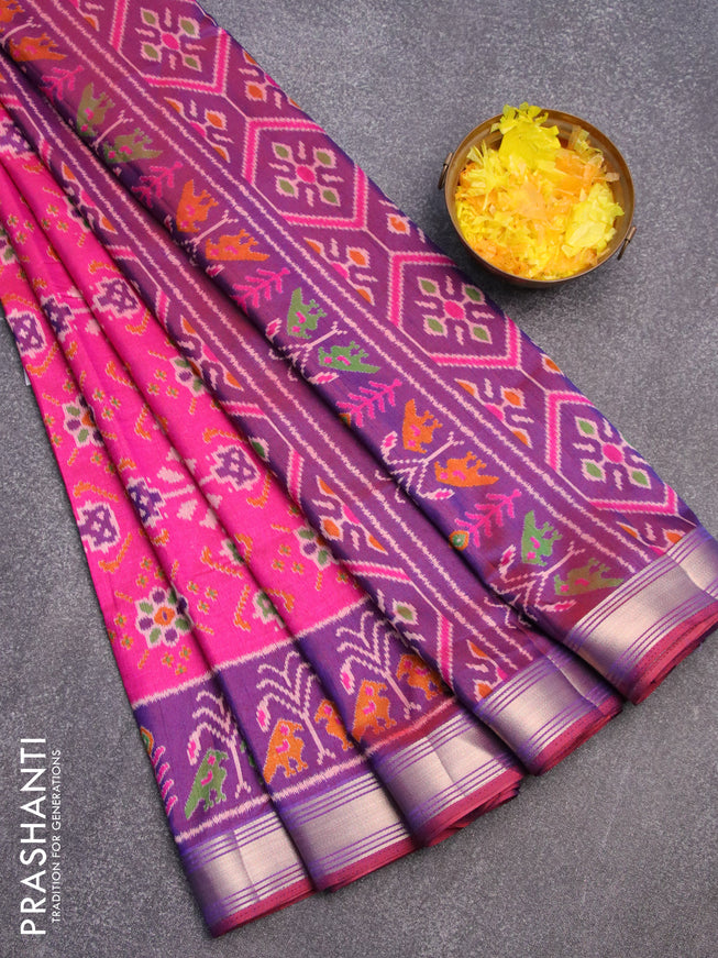 Semi tussar saree pink and dual shade of purple with allover ikat weaves and zari woven border