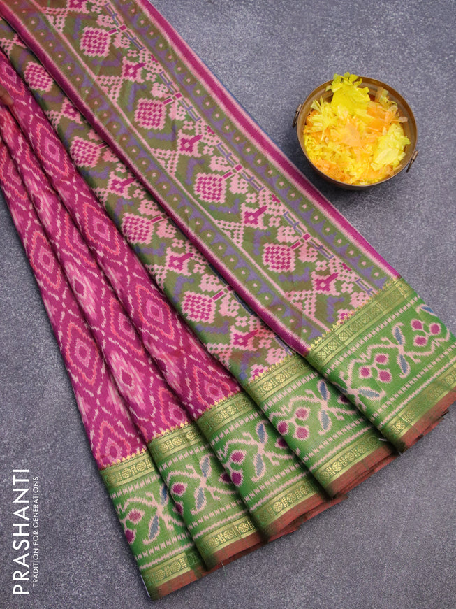 Semi tussar saree maroon shade and dual shade of green with allover ikat weaves and zari woven ikat border