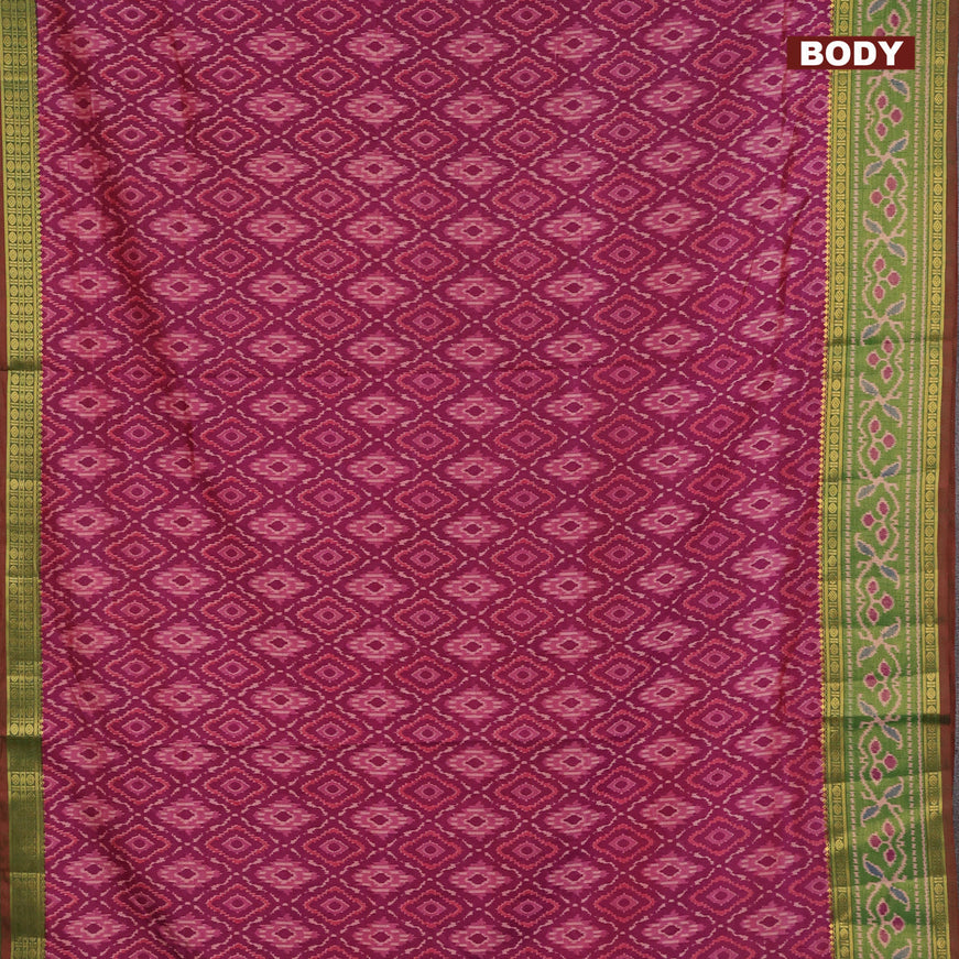 Semi tussar saree maroon shade and dual shade of green with allover ikat weaves and zari woven ikat border