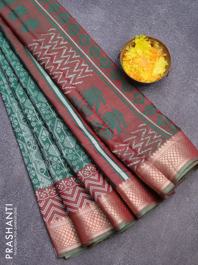Semi tussar saree green and maroon with allover ikat weaves and zari woven border