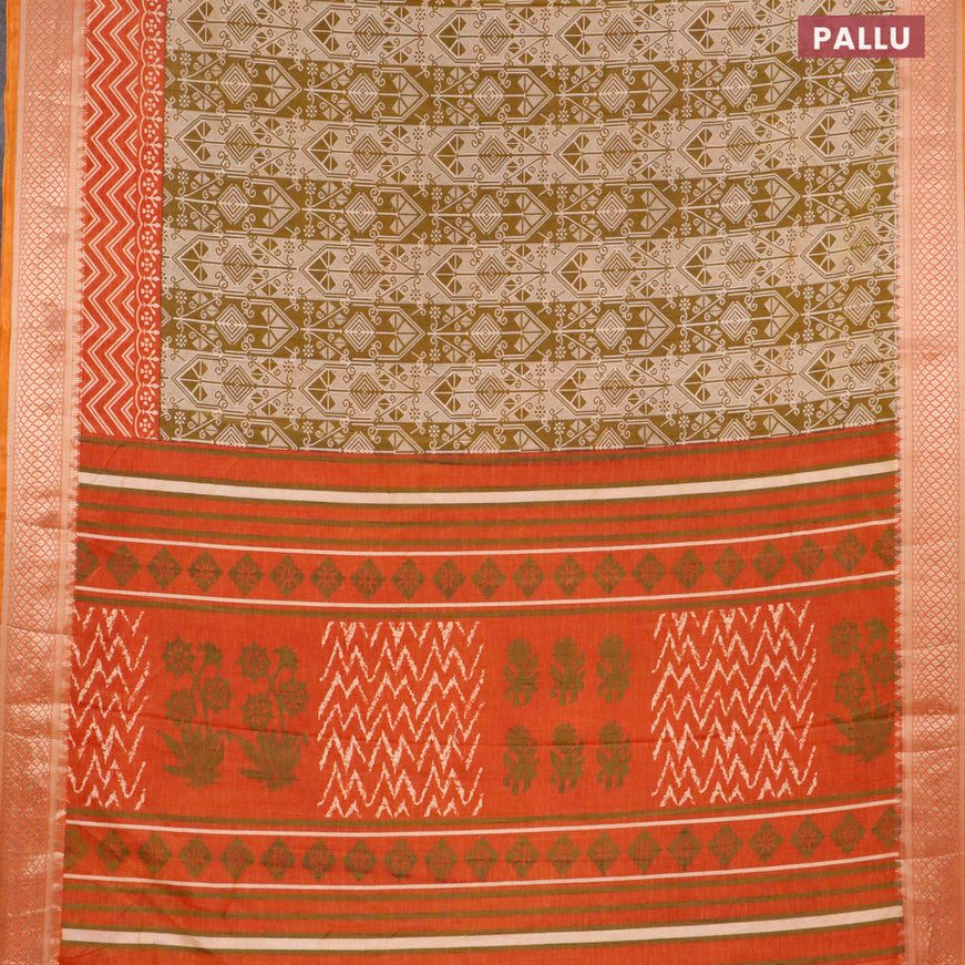 Semi tussar saree mehendi green and rust shade with allover ikat weaves and zari woven border