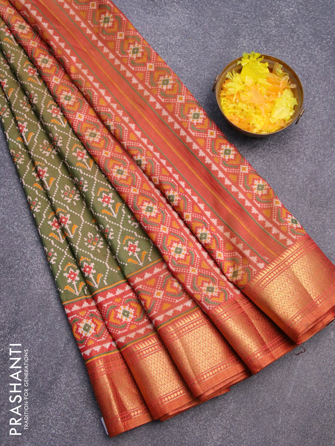 Semi tussar saree sap green shade and rust shade with allover ikat weaves and zari woven border