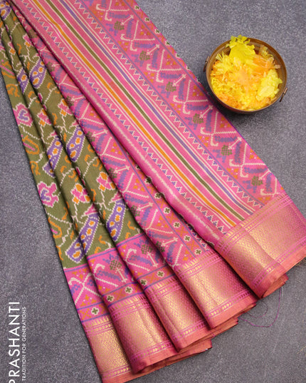 Semi tussar saree green shade and dual shade of pink with allover ikat weaves and zari woven border