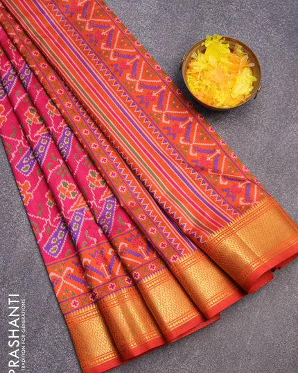 Semi tussar saree pink and orange with allover ikat weaves and zari woven border