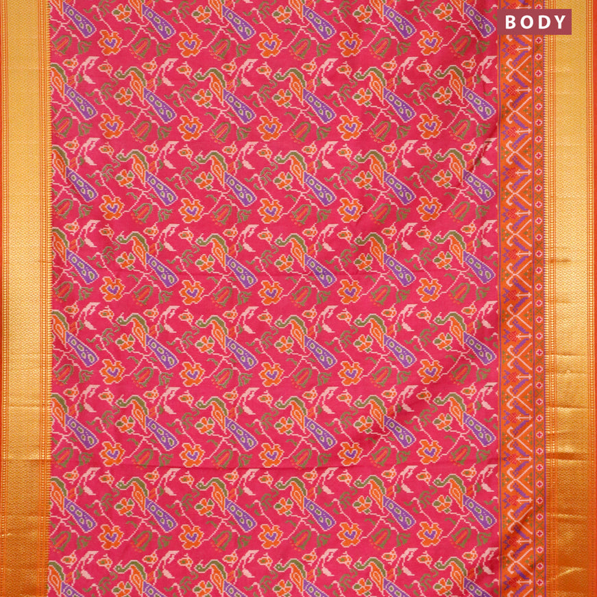 Semi tussar saree pink and orange with allover ikat weaves and zari woven border