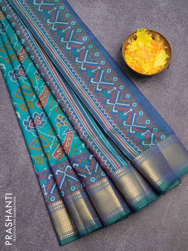 Semi tussar saree dual shade of teal bluish green and dual shade of greenish violet with allover ikat weaves and zari woven border